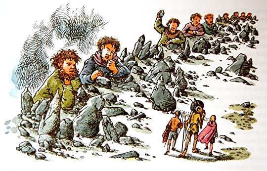 Giants throwing stones across valley with children walking through; illustration from C. S. Lewis story.